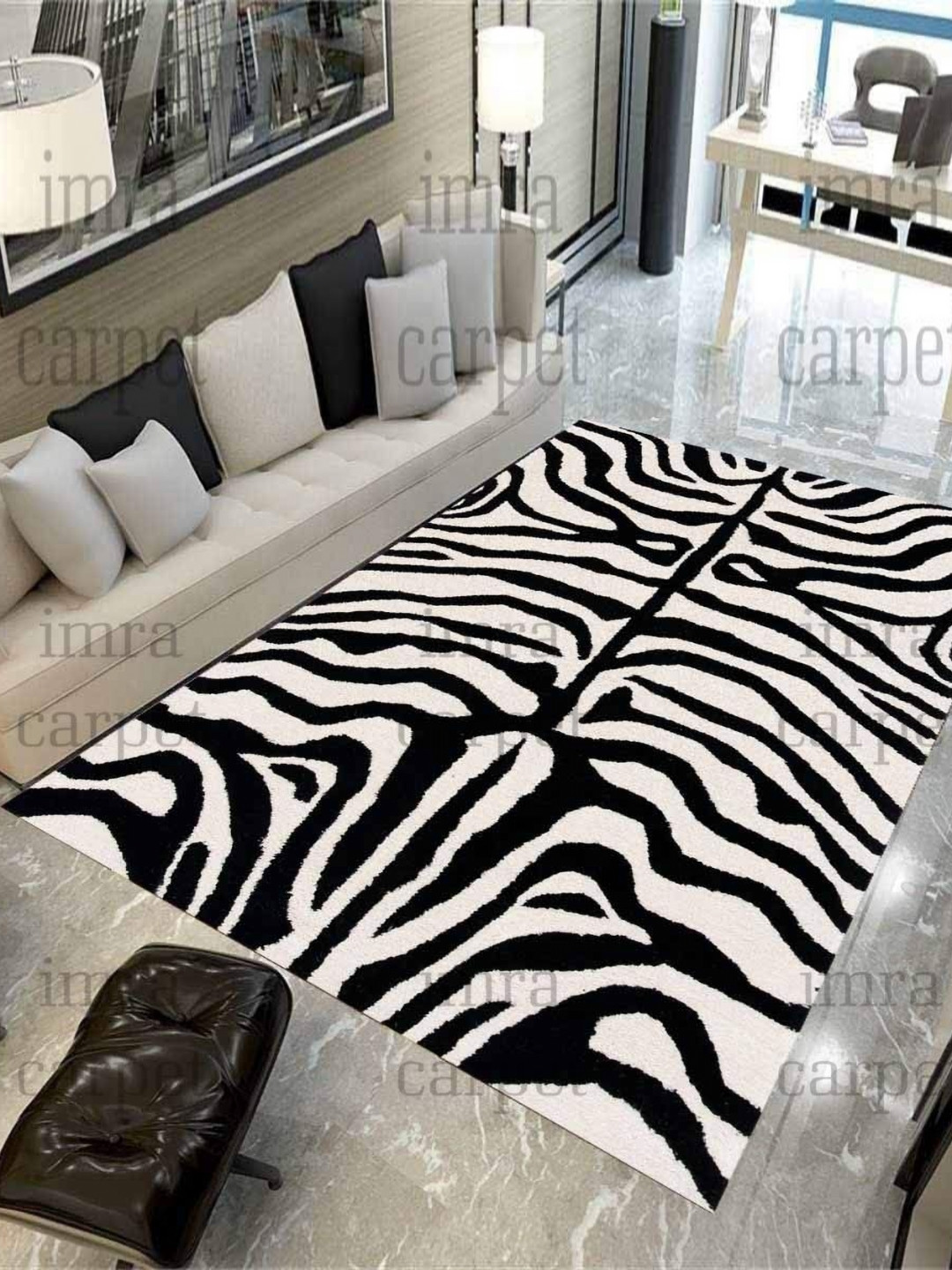 

IMRA CARPET White & Black Abstract Woollen Shaggy Carpet