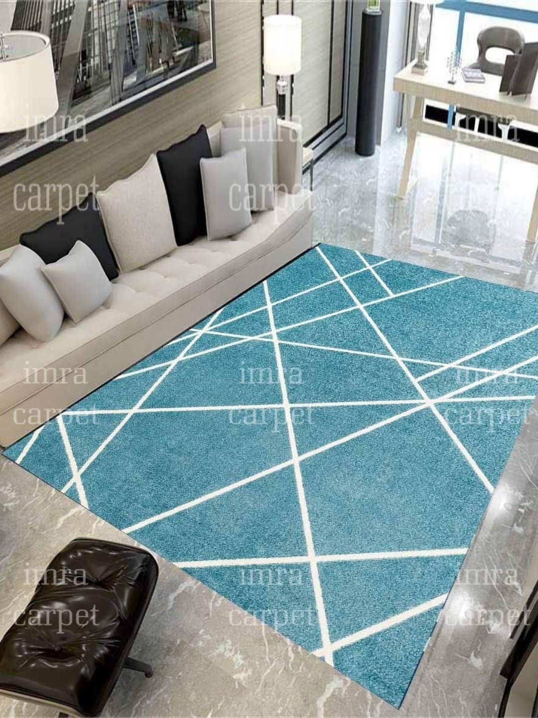 

IMRA CARPET Blue & White Geometric Shaggy Rectangle Woollen Carpet
