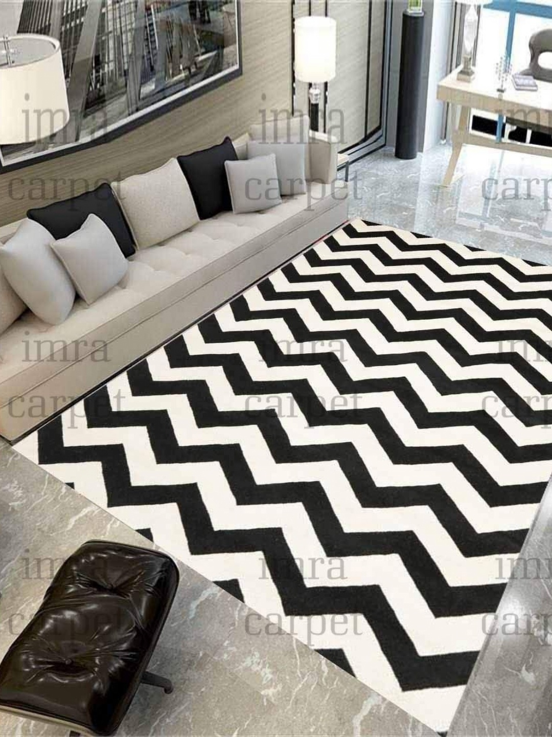 

IMRA CARPET Black & White Geometric Woollen Rectangular Shaggy Carpet