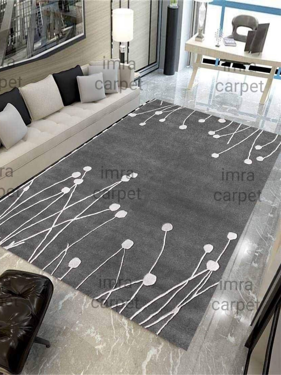 

IMRA CARPET Grey & White Floral Anti-Skid Woollen Carpet