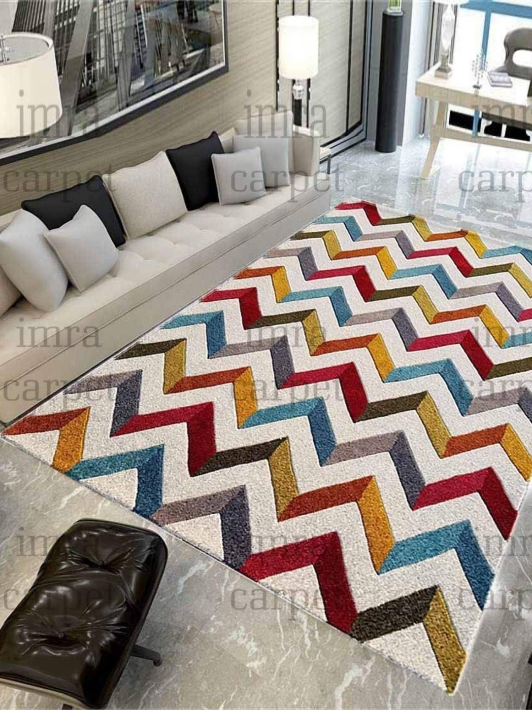 

IMRA CARPET White Geometric Printed Anti-Skid Woollen Carpet