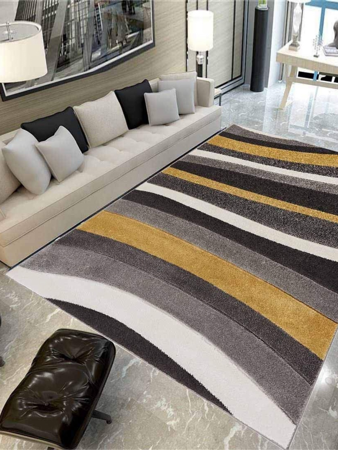 

IMRA CARPET Grey Striped Shaggy Hand-Tufted Woollen Carpet