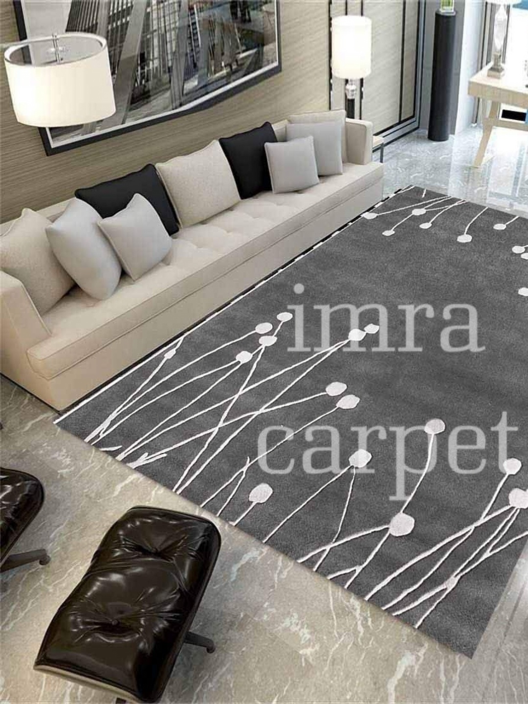 

IMRA CARPET Grey & White Floral Woollen Shaggy Carpet
