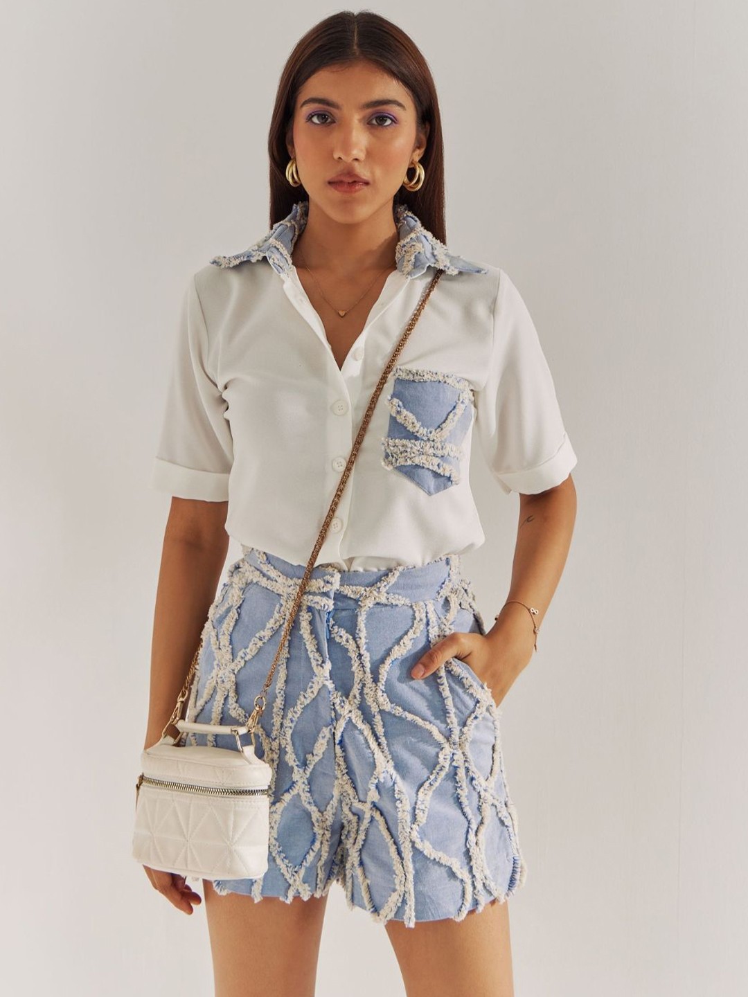 

CLOTHES ON MY MIND Self Design Collar Shirt With Shorts, Blue