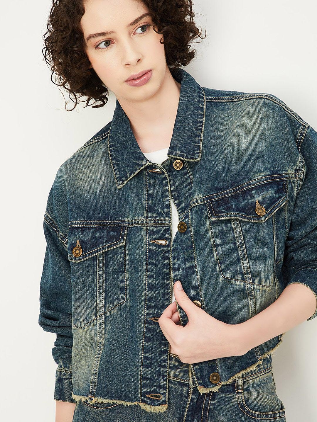 

MAX ALAYA F x URB_N Women Washed Denim Jacket, Blue