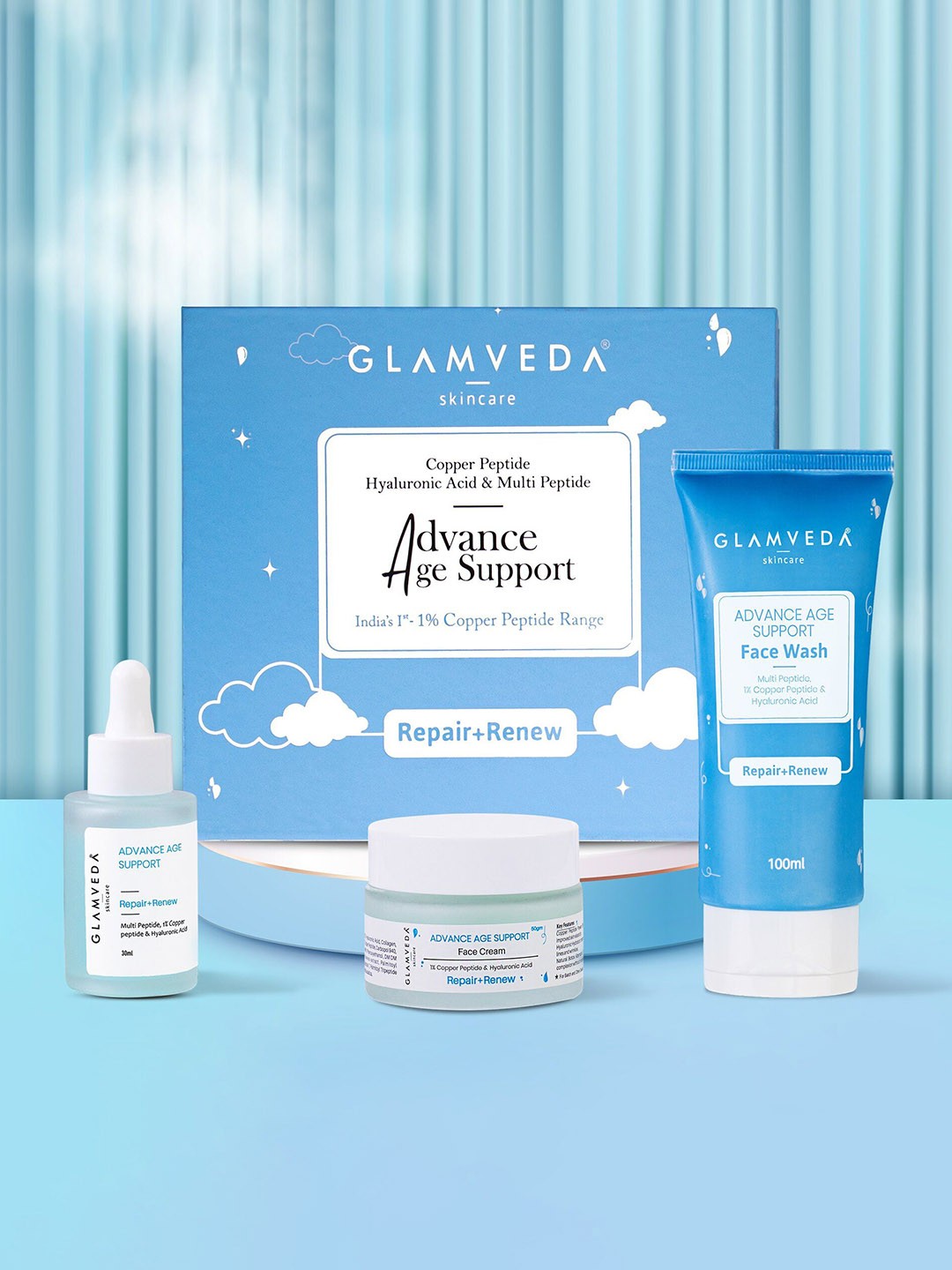 

GLAMVEDA 3-Pcs 1% Copper Peptide Range Advance Age Support Skincare with Hyaluronic Acid, Blue