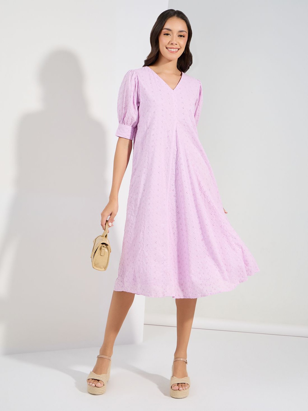 

Styli Lilac V Neck Schiffili A-Line Midi Dress, Purple
