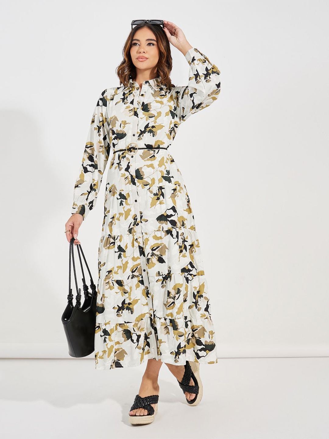 

Styli Women Off White Floral Printed Shirt Maxi Length Dress