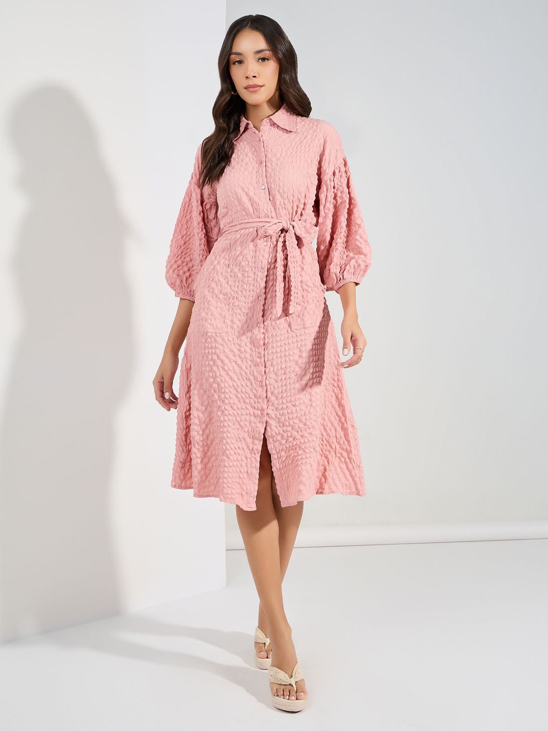 

Styli Puff Sleeve Tie-Up Detail Shirt Dress, Peach