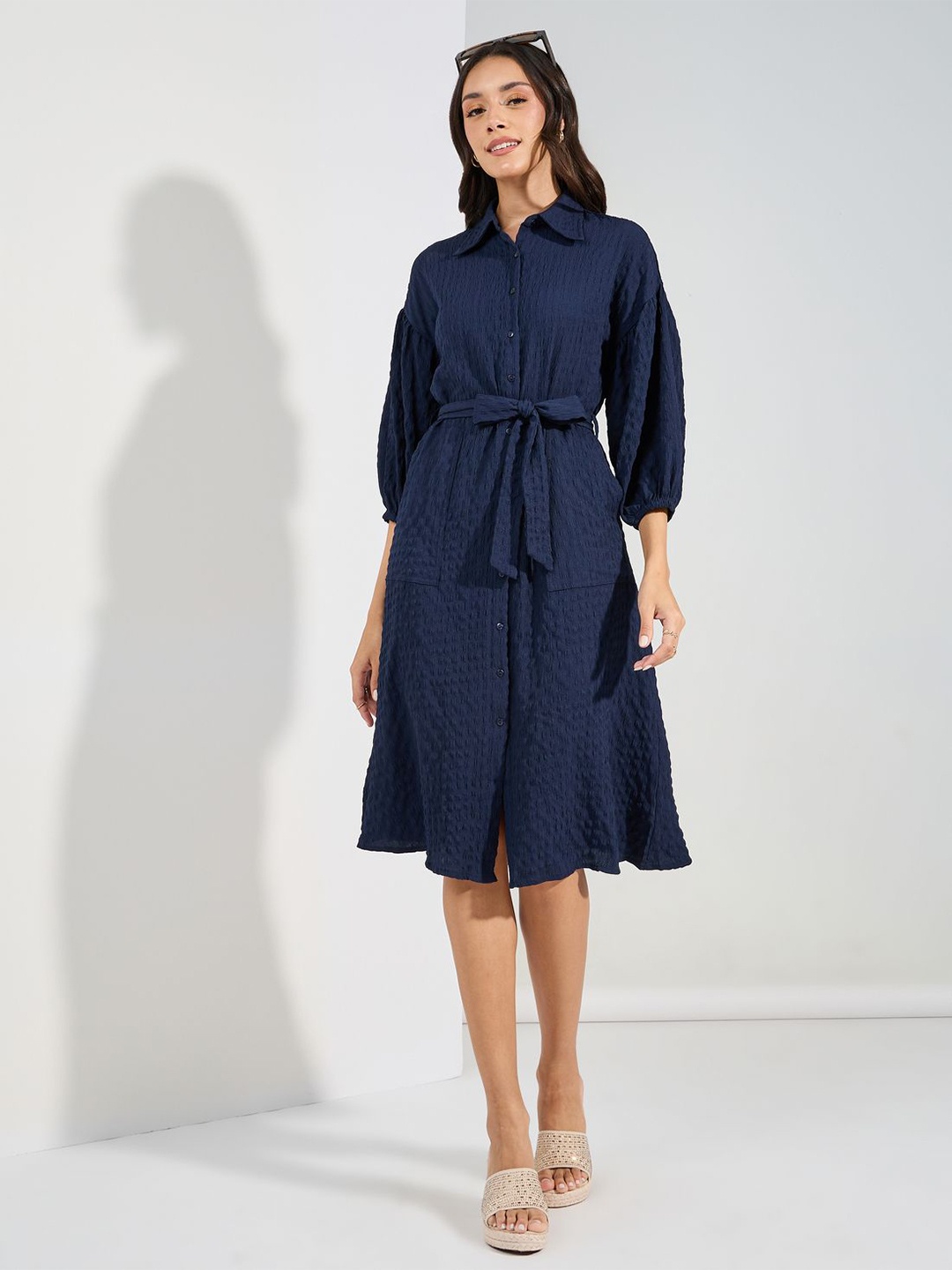 

Styli Women A-Line 3/4th Sleeve Midi Shirt Dress, Navy blue