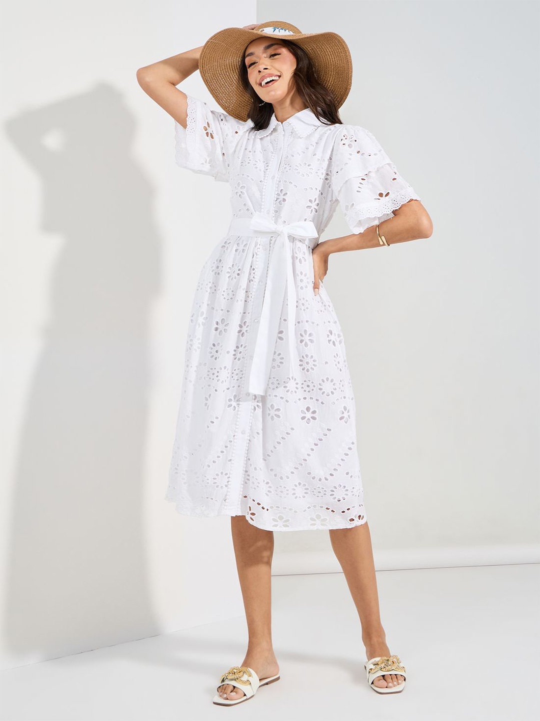 

Styli Layered Sleeve Schifilli Midi Length Shirt Dress With Belt, White
