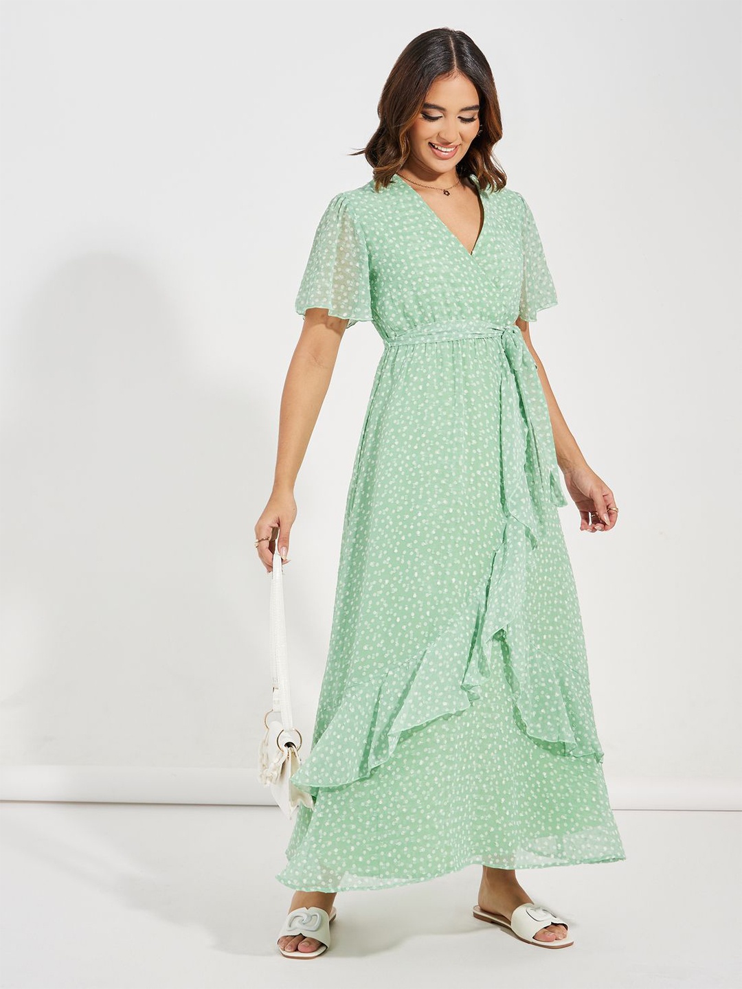 

Styli Women V-Neck Polka Dot Printed A-line Maxi Dress, Green