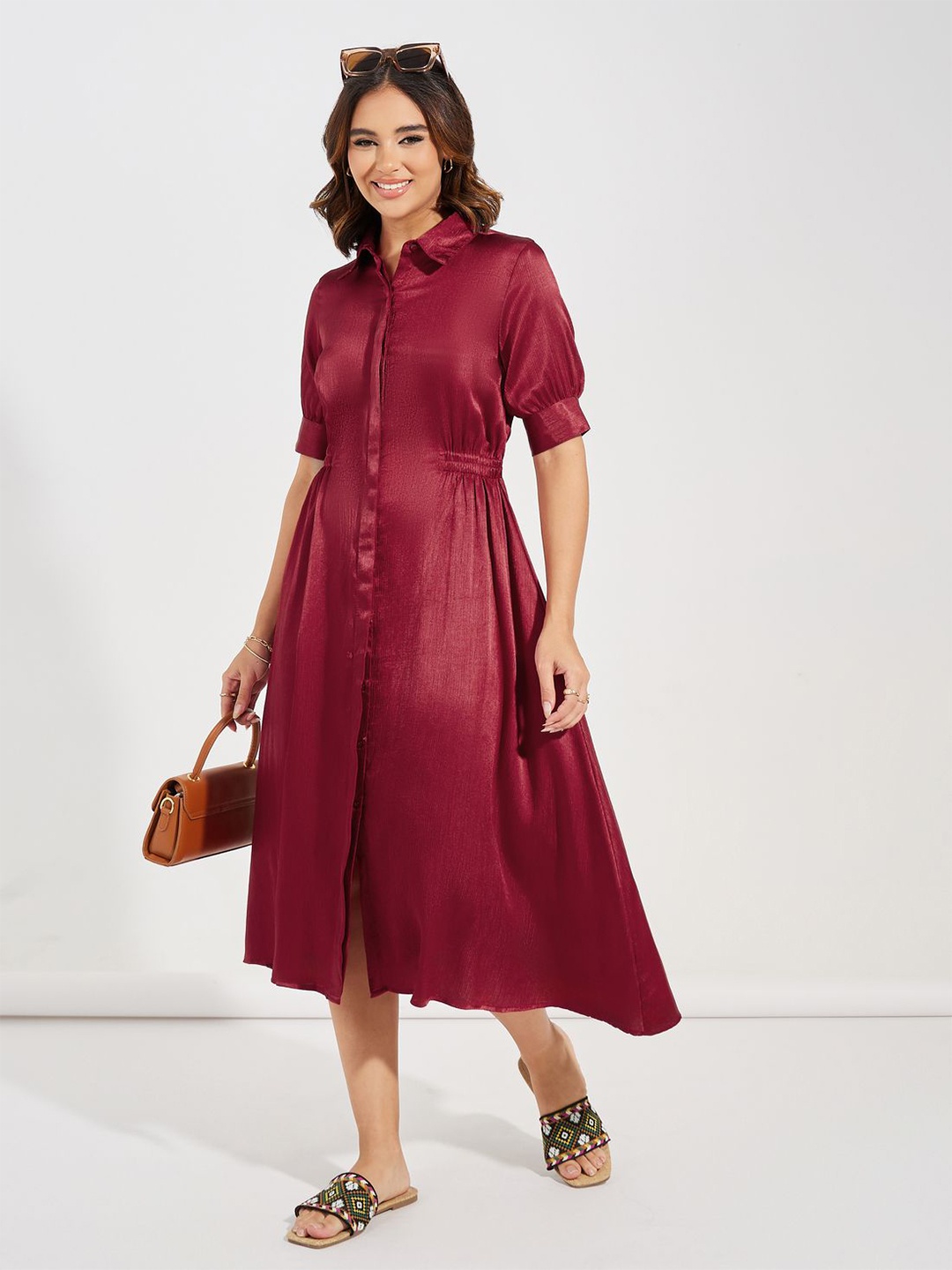 

Styli Shirt Collar Shirt Midi Dress, Red