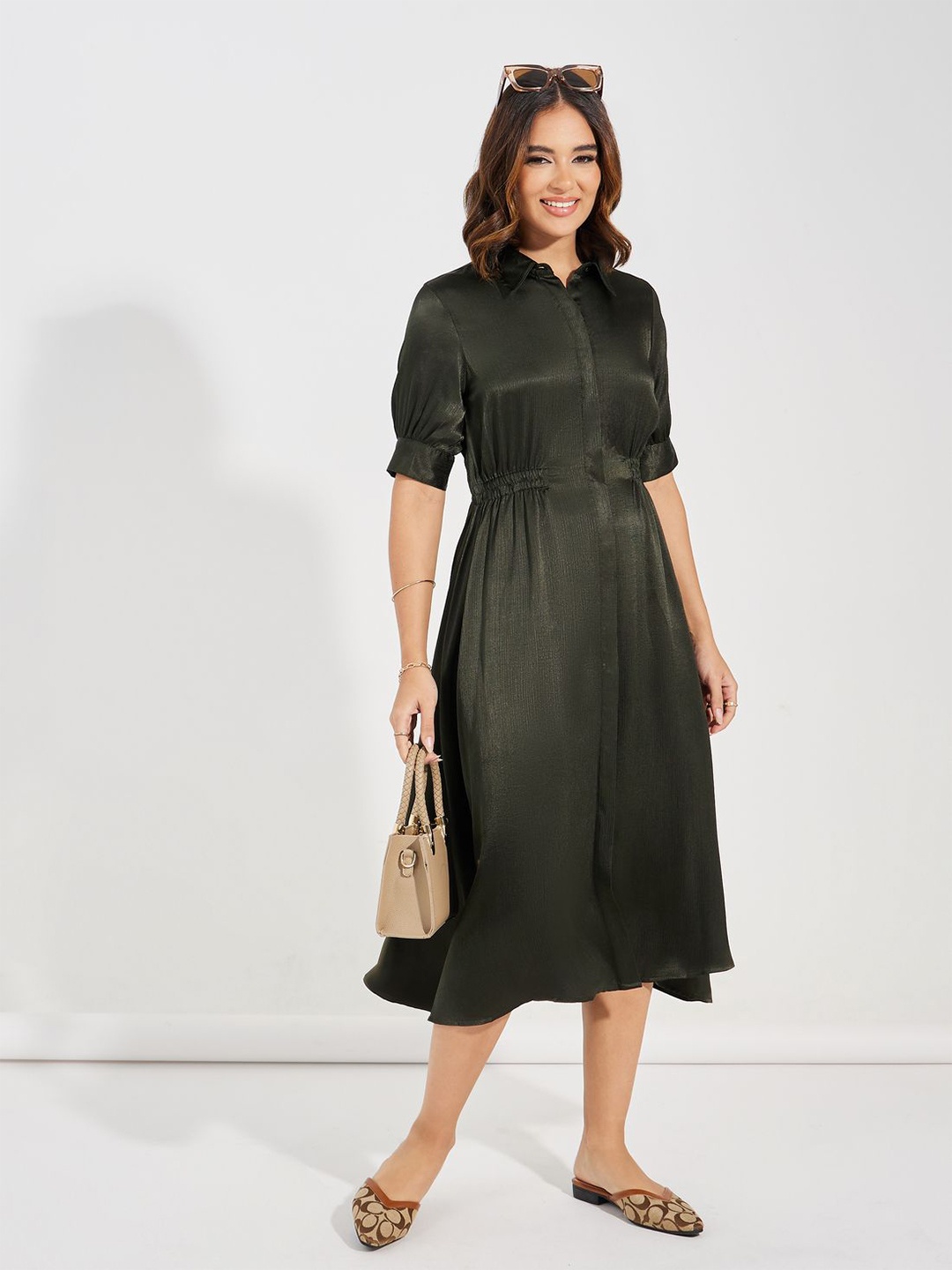 

Styli Women Solid Shirt Collar Midi Length Dress, Olive