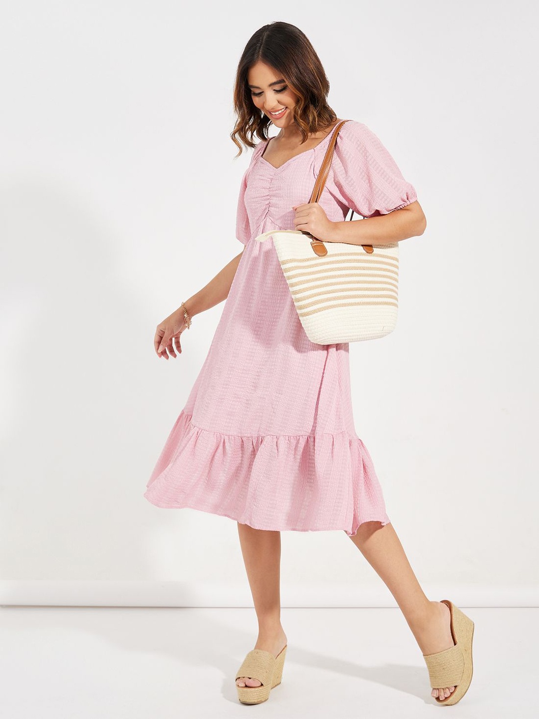 

Styli Women Self Design V-Neck Midi Dress, Pink