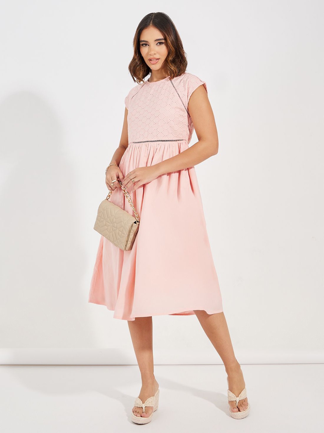 

Styli Schiffli Yoke Embroidered Midi A-Line Dress, Peach