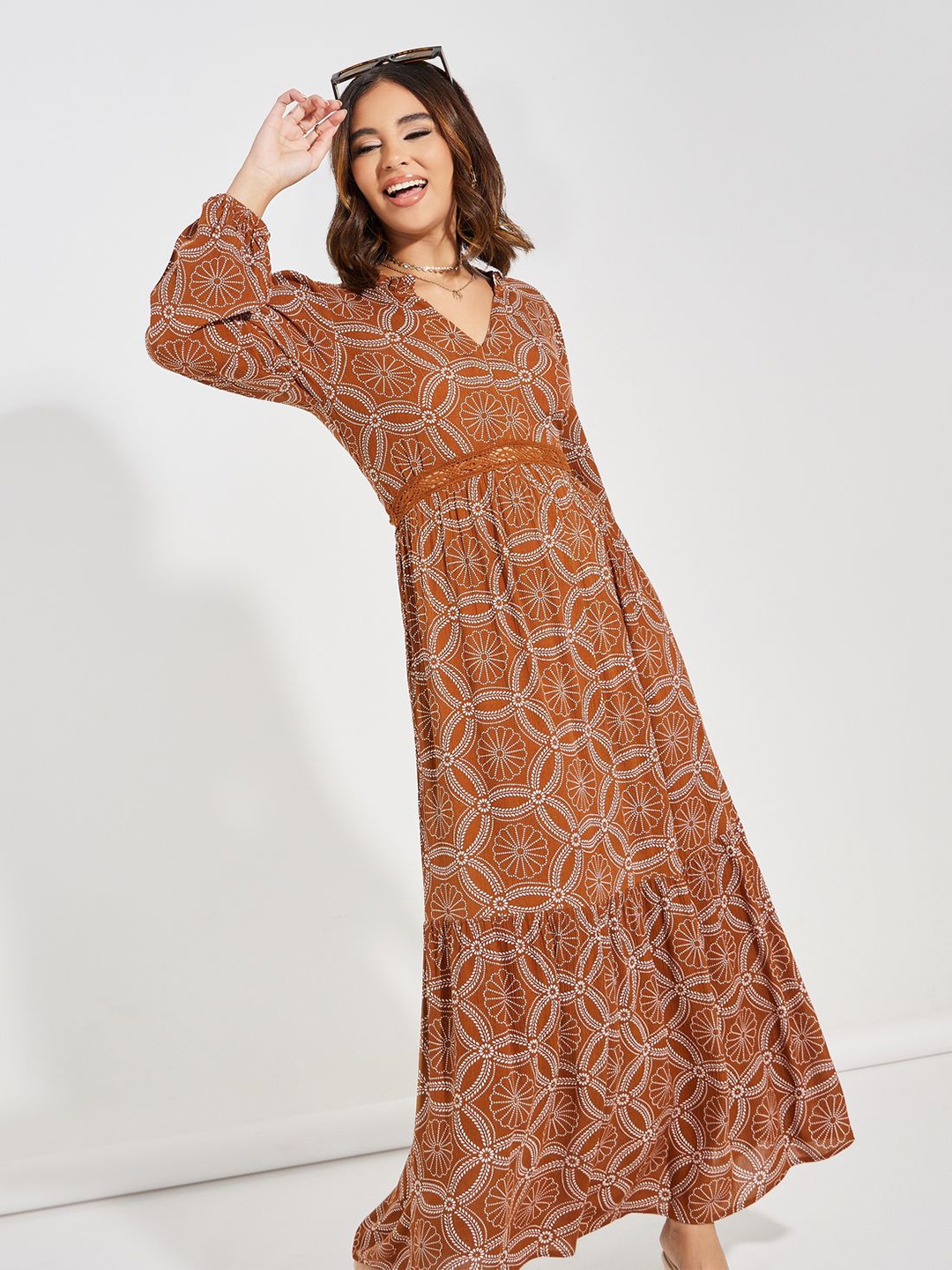 

Styli Women Floral Printed Tiered Maxi Dress, Rust