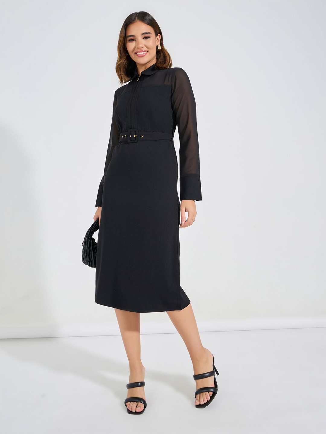 

Styli Women Midi Length Sheath Dress With Belt, Black