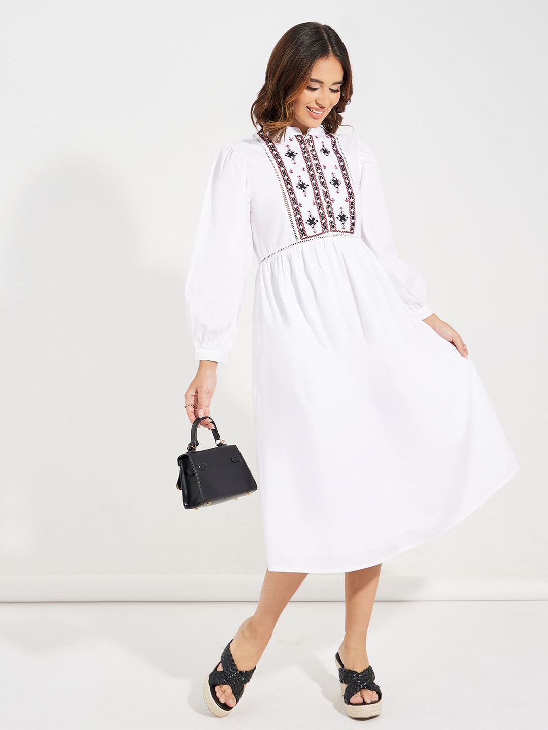 

Styli Puff Sleeves A-Line Embroidered Midi Dress, White