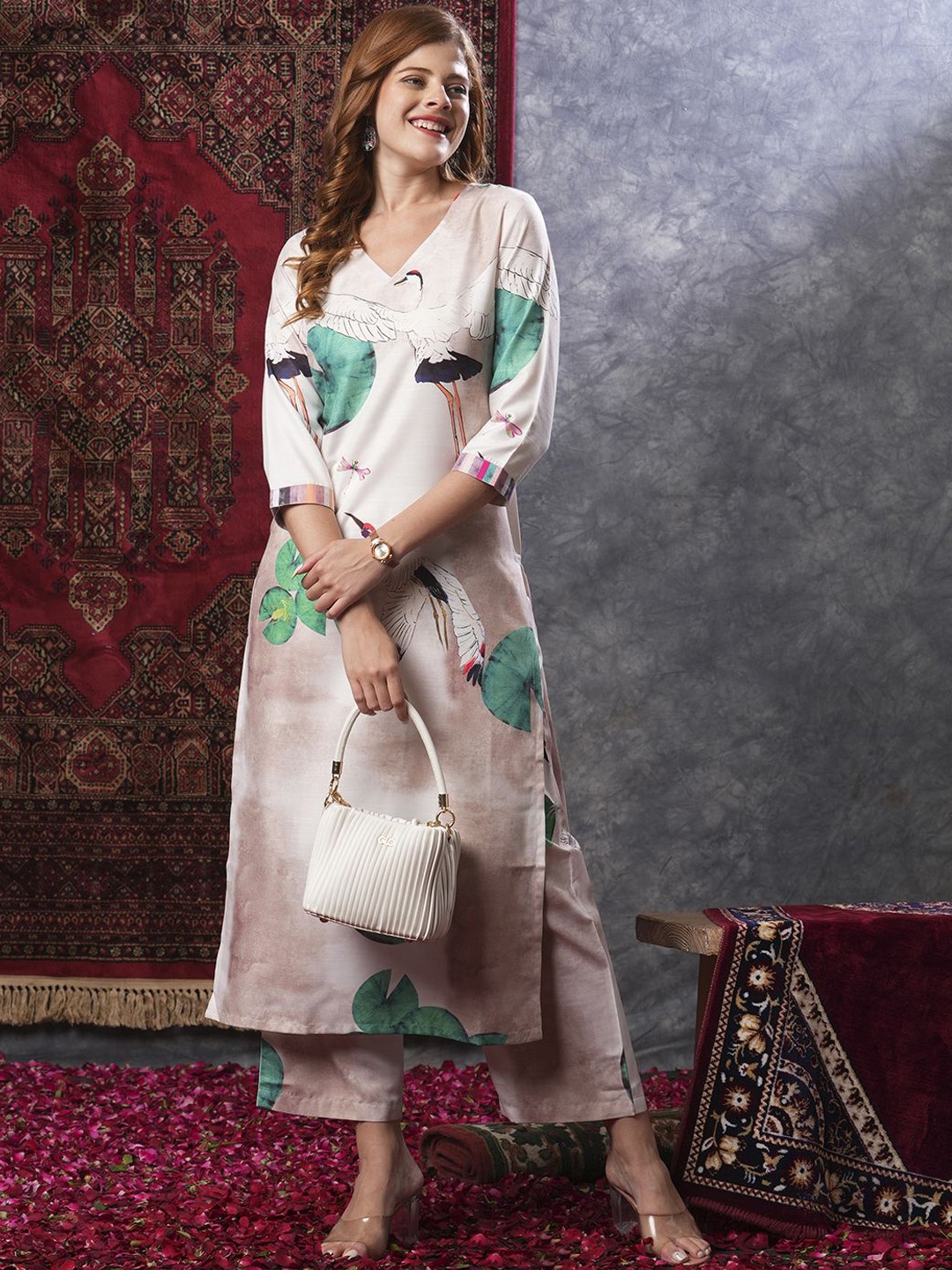 

Anni Designer Floral Printed Straight Kurta With Palazzos, Peach