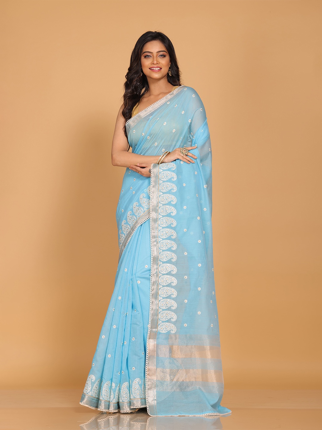 

Morchari Embroidered Floral Zari Pure Cotton Saree, Blue