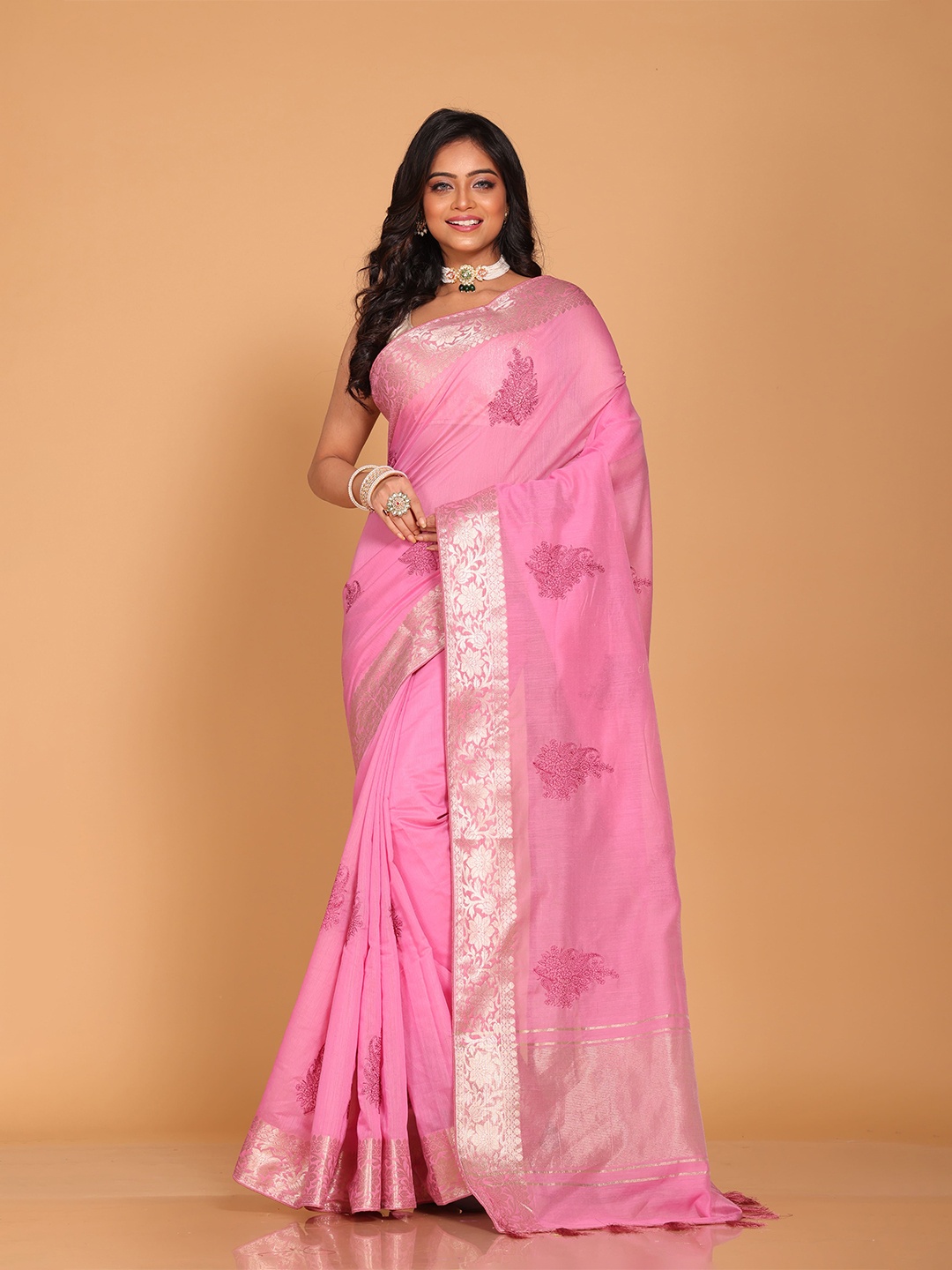 

Morchari Paisley Zari Pure Cotton Saree, Pink