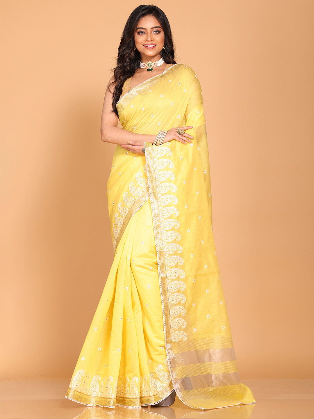

Morchari Floral Embroidered Pure Cotton Saree, Yellow