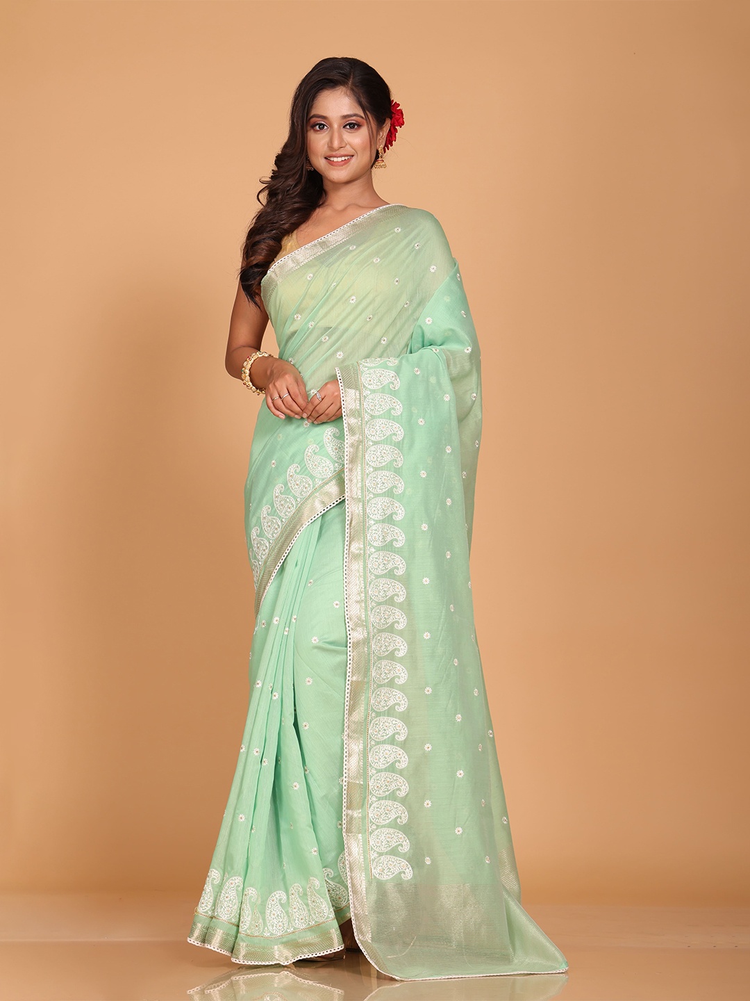 Morchari Pure Cotton Paisley Saree, Green