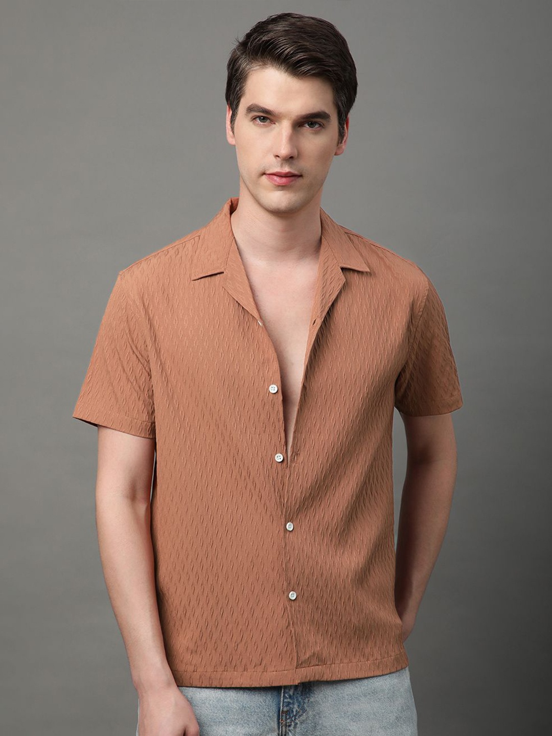 

Voroxy Men Comfort Cuban Collar Textured Solid Polycotton Casual Shirt, Brown