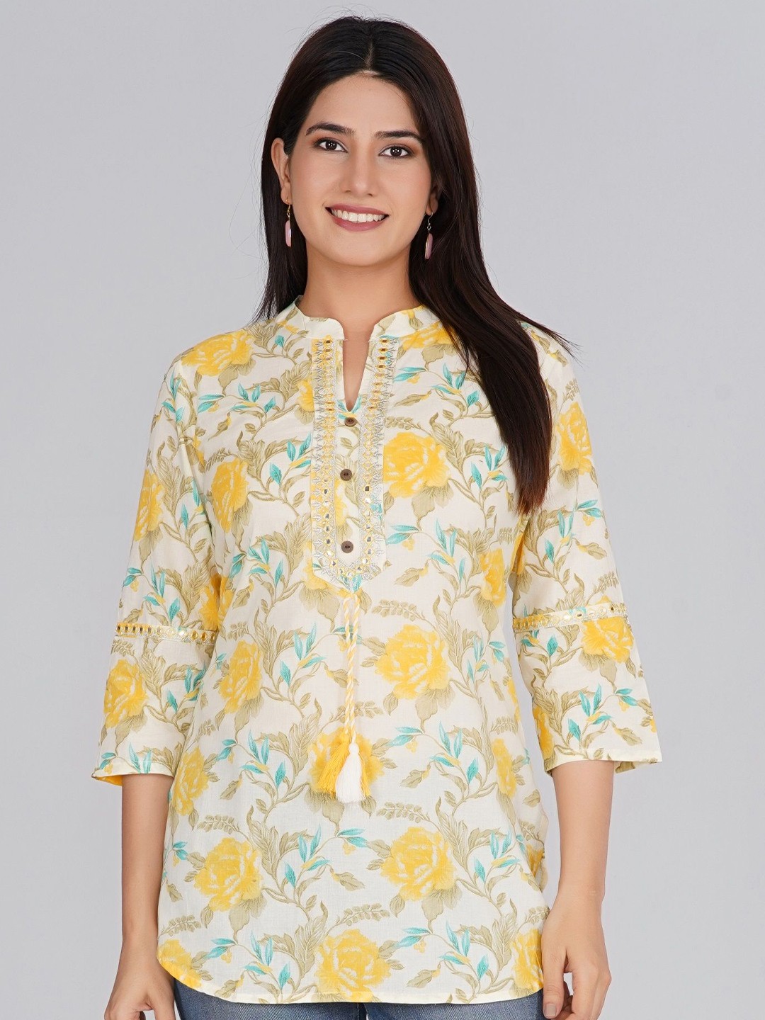 

RAJPUTANA CAMISA Floral Print Mandarin Collar Cotton Shirt Style Top, Yellow