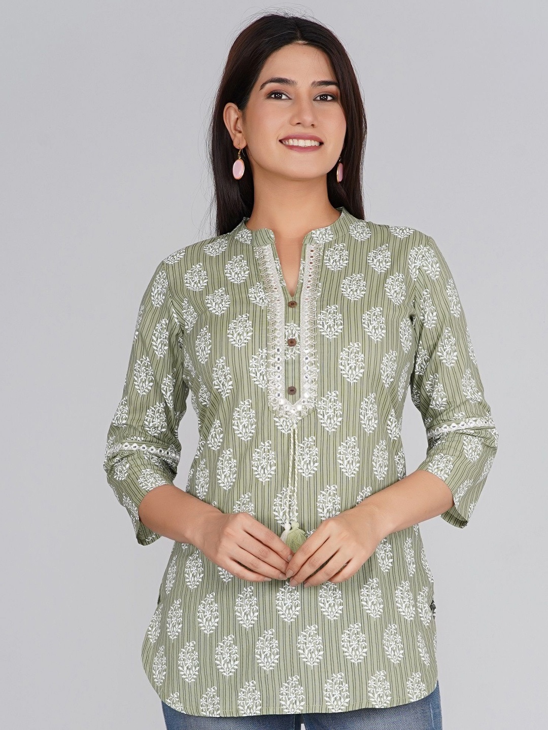 

RAJPUTANA CAMISA Print Mandarin Collar Cotton Shirt Style Top, Green