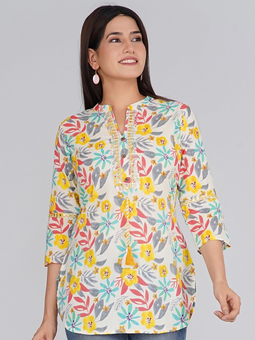 

RAJPUTANA CAMISA Floral Print Mandarin Collar Cotton Shirt Style Top, Off white