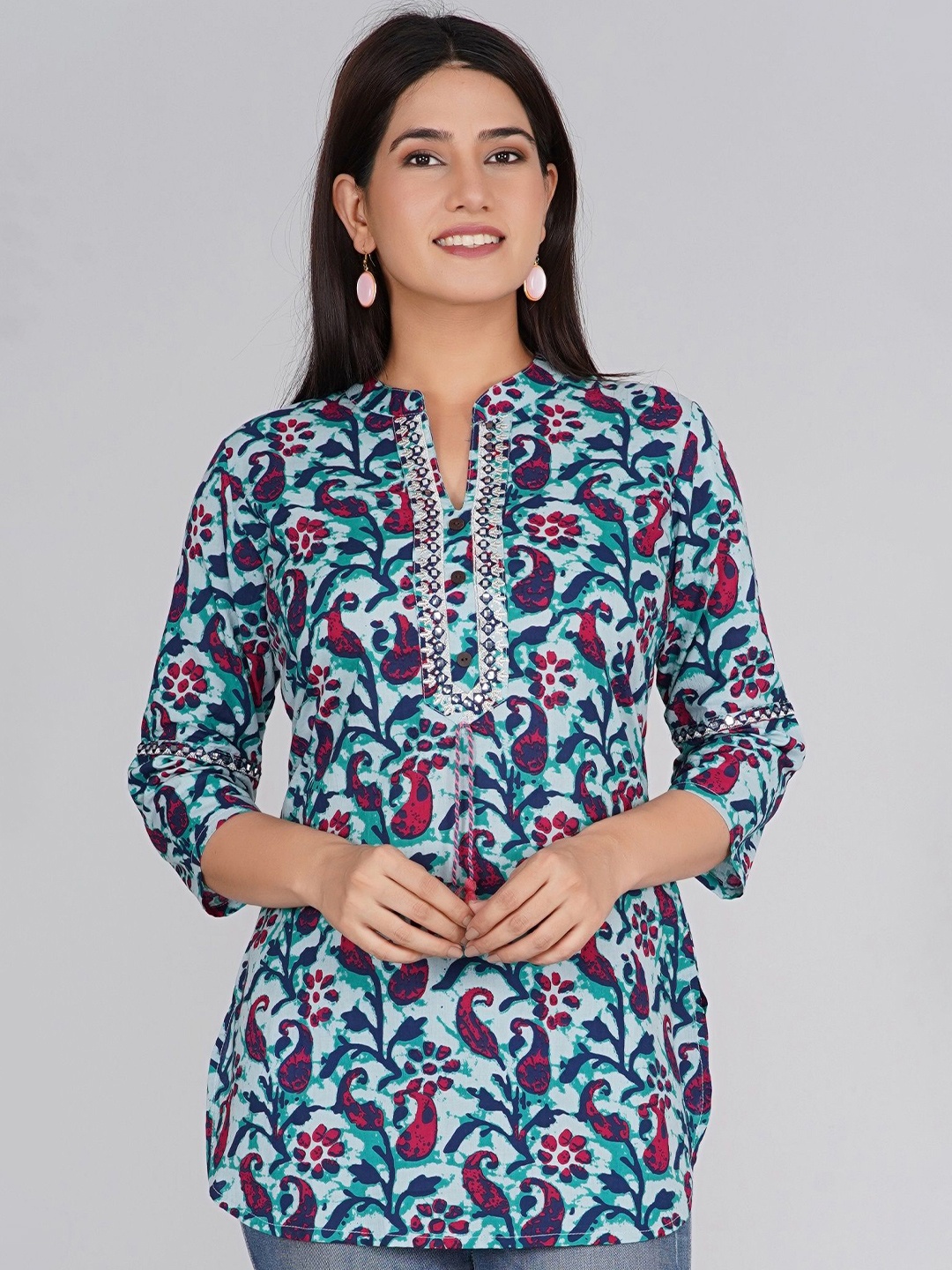 

RAJPUTANA CAMISA Women Cotton Floral Print Mandarin Collar Top, Blue