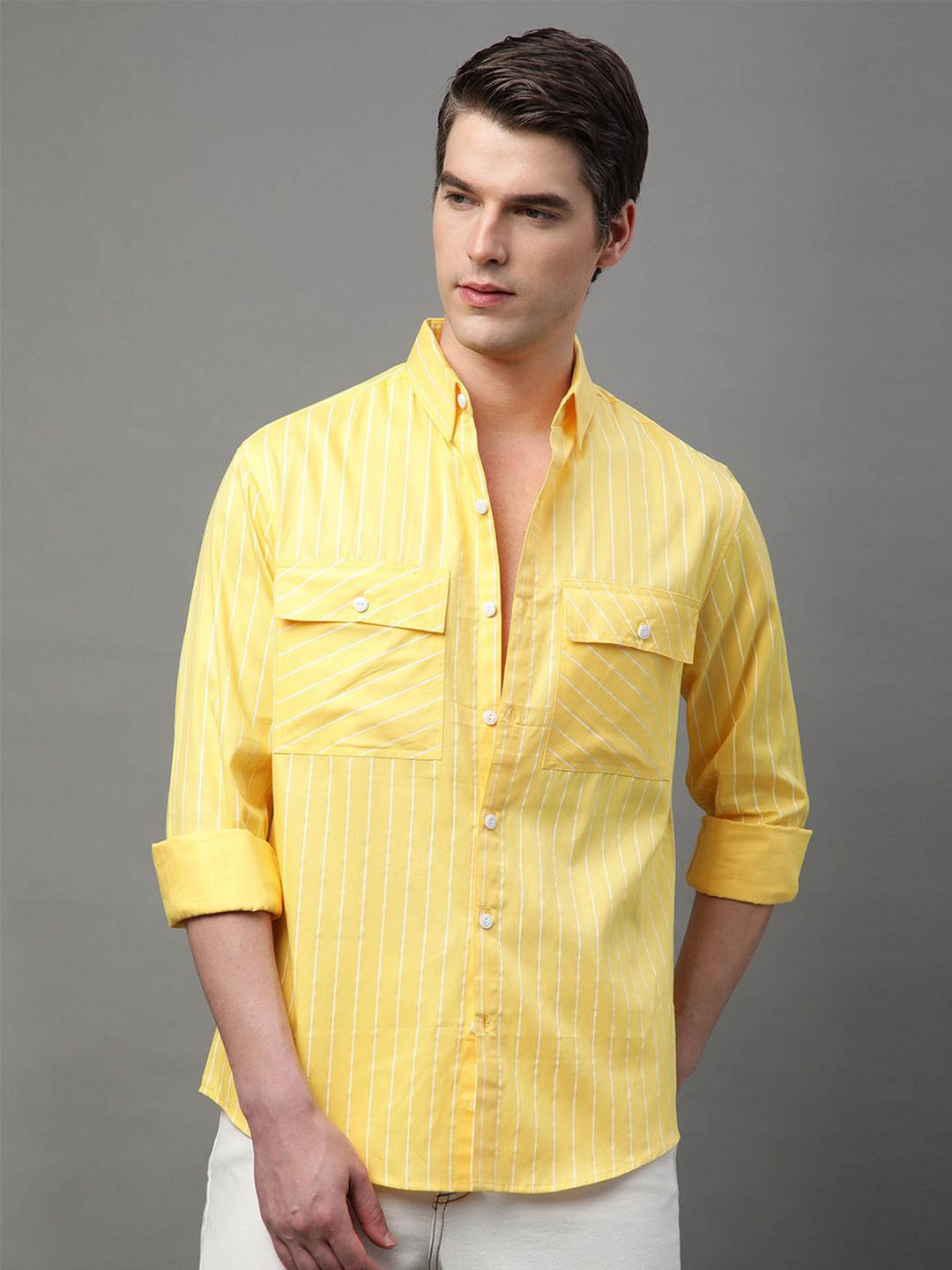 

Voroxy Men New Spread Collar Vertical Striped Cotton Casual Shirt, Yellow