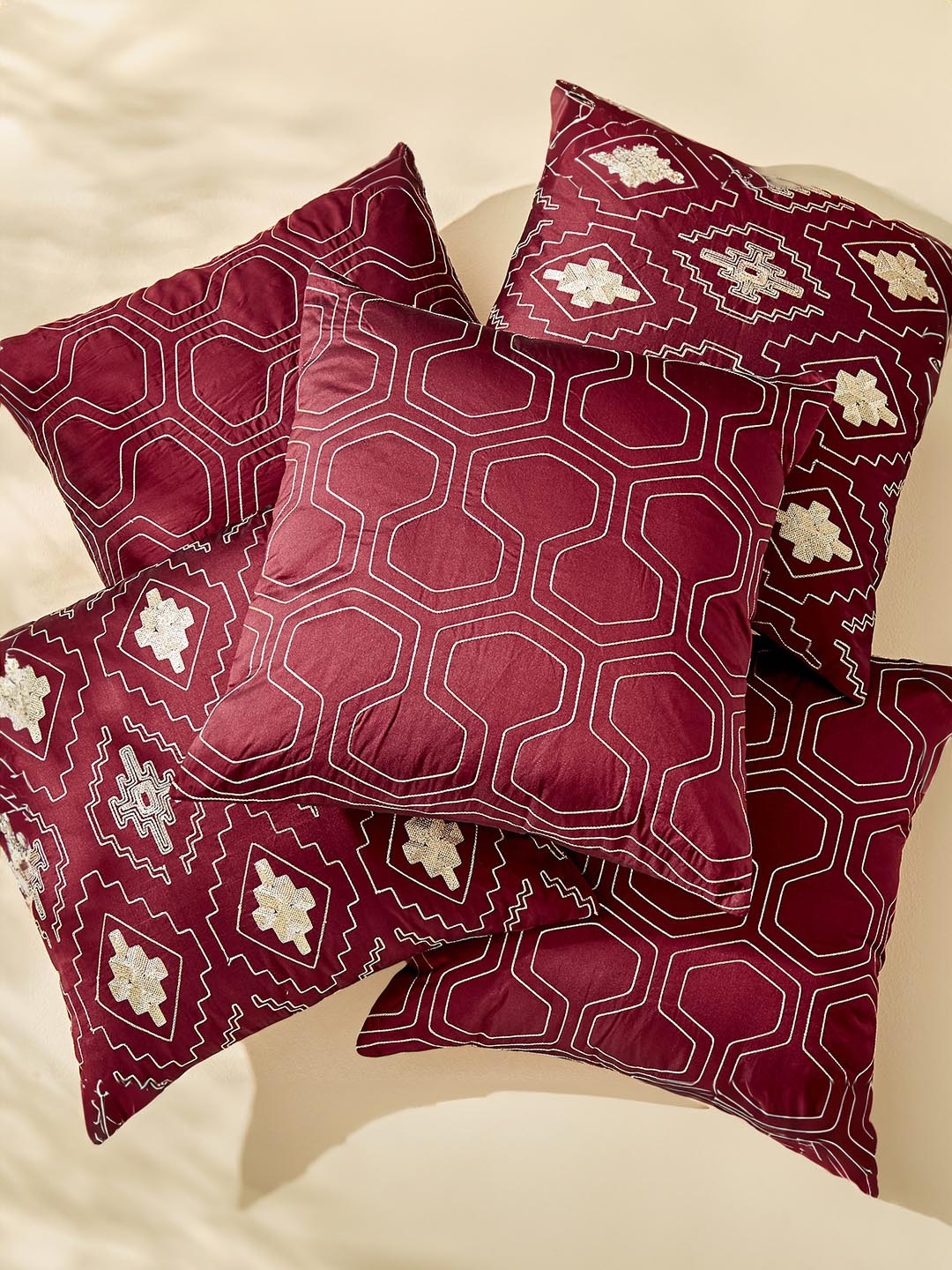 

Home Centre Corsica Burgundy & Beige 5 Pieces Geometric Embroidered Square Cushion Covers