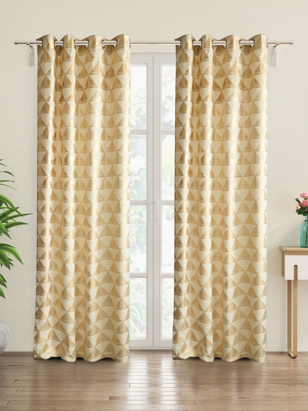 

Home Centre Gold-Toned & Off White 2 Pieces Geometric Cotton Door Curtain