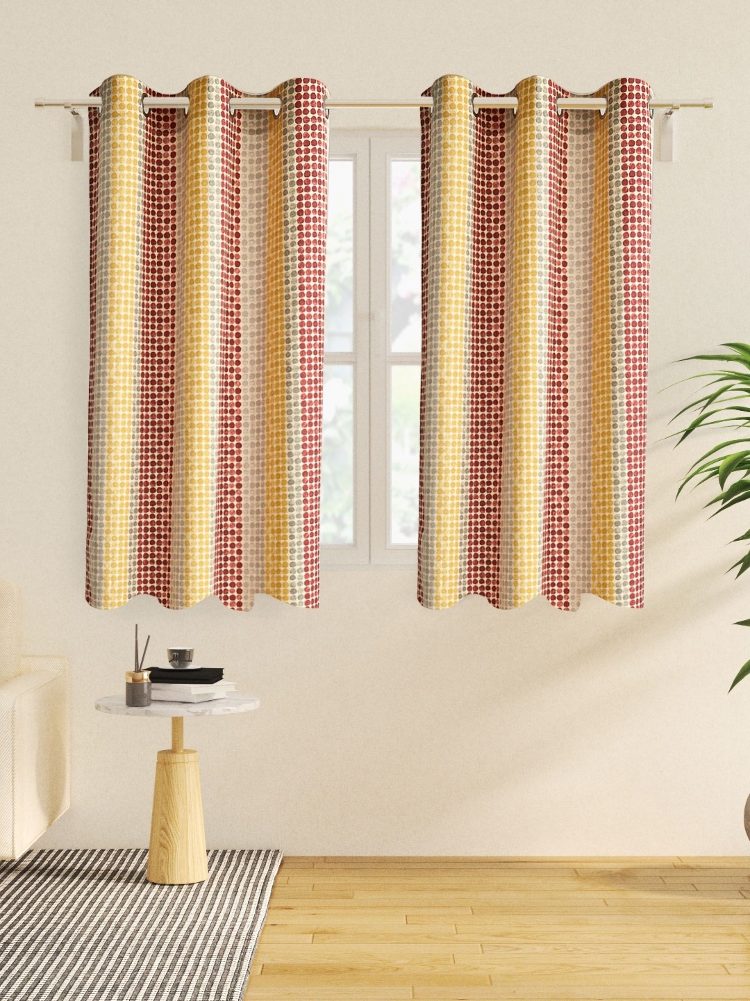 

Home Centre Off White & Yellow 2 Pieces Geometric Cotton Window Curtain
