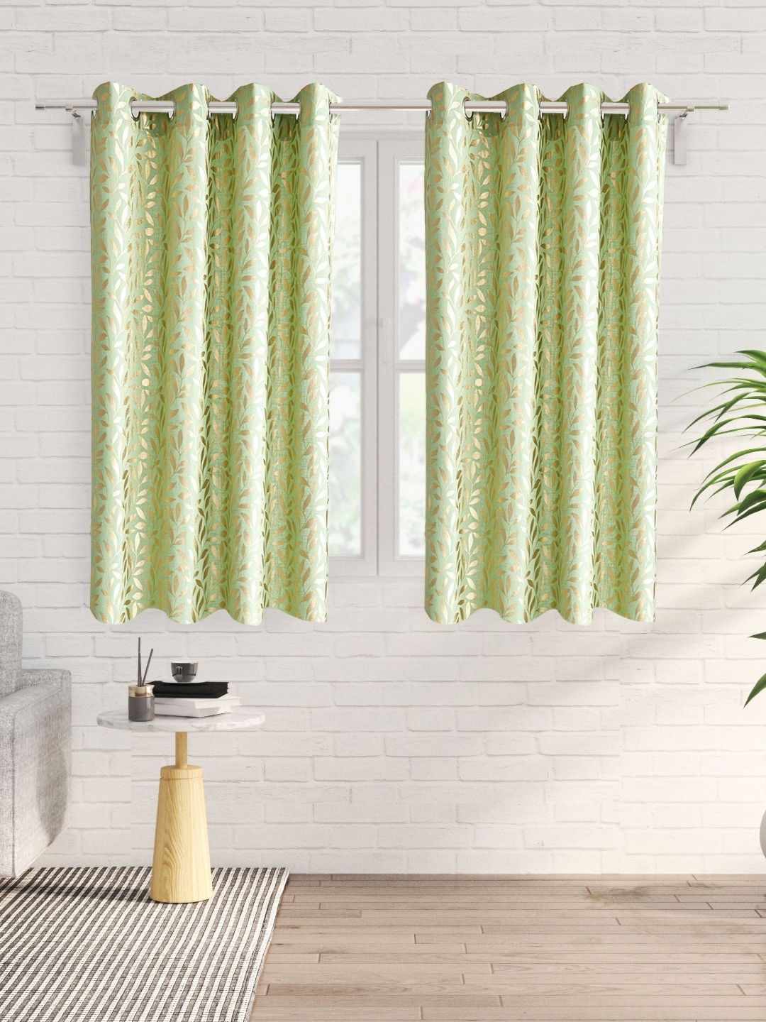 Home Centre Green & Gold-Toned 2 Pieces Floral Cotton Window Curtain