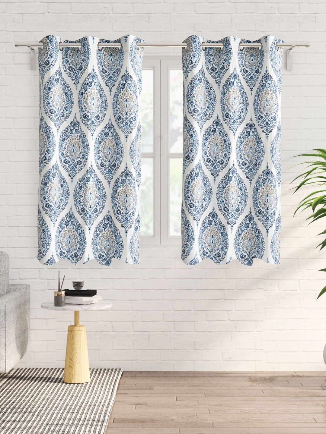 

Home Centre Saddle White & Blue 2 Pieces Ethnic Motifs Cotton Window Curtains