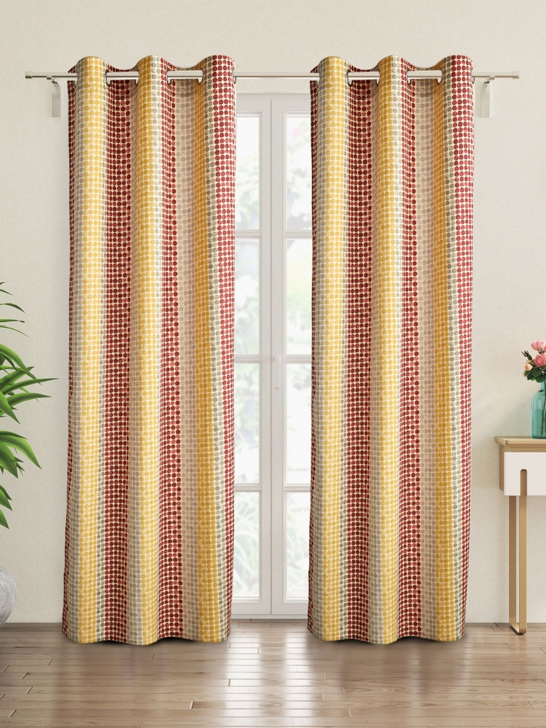 

Home Centre Beige & Red 2 Pieces Geometric Cotton Door Curtain