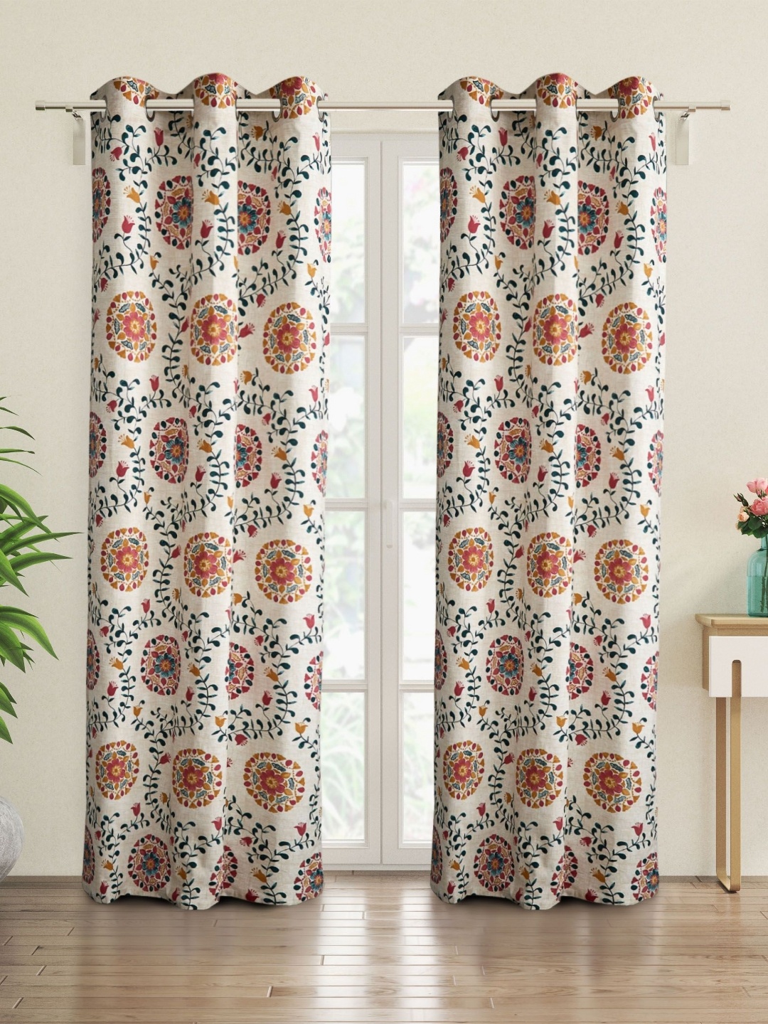 Home Centre Saddle Morganite Off White 2 Pieces Printed Cotton Door Curtains