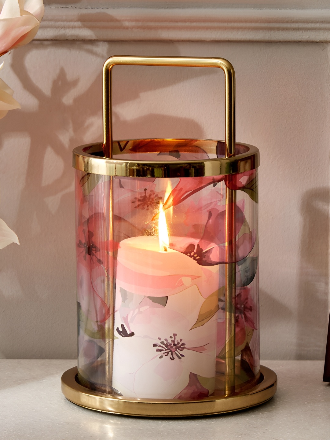 

Home Centre Gold-Toned & Purple Printed Glass Lantern Candle Holder