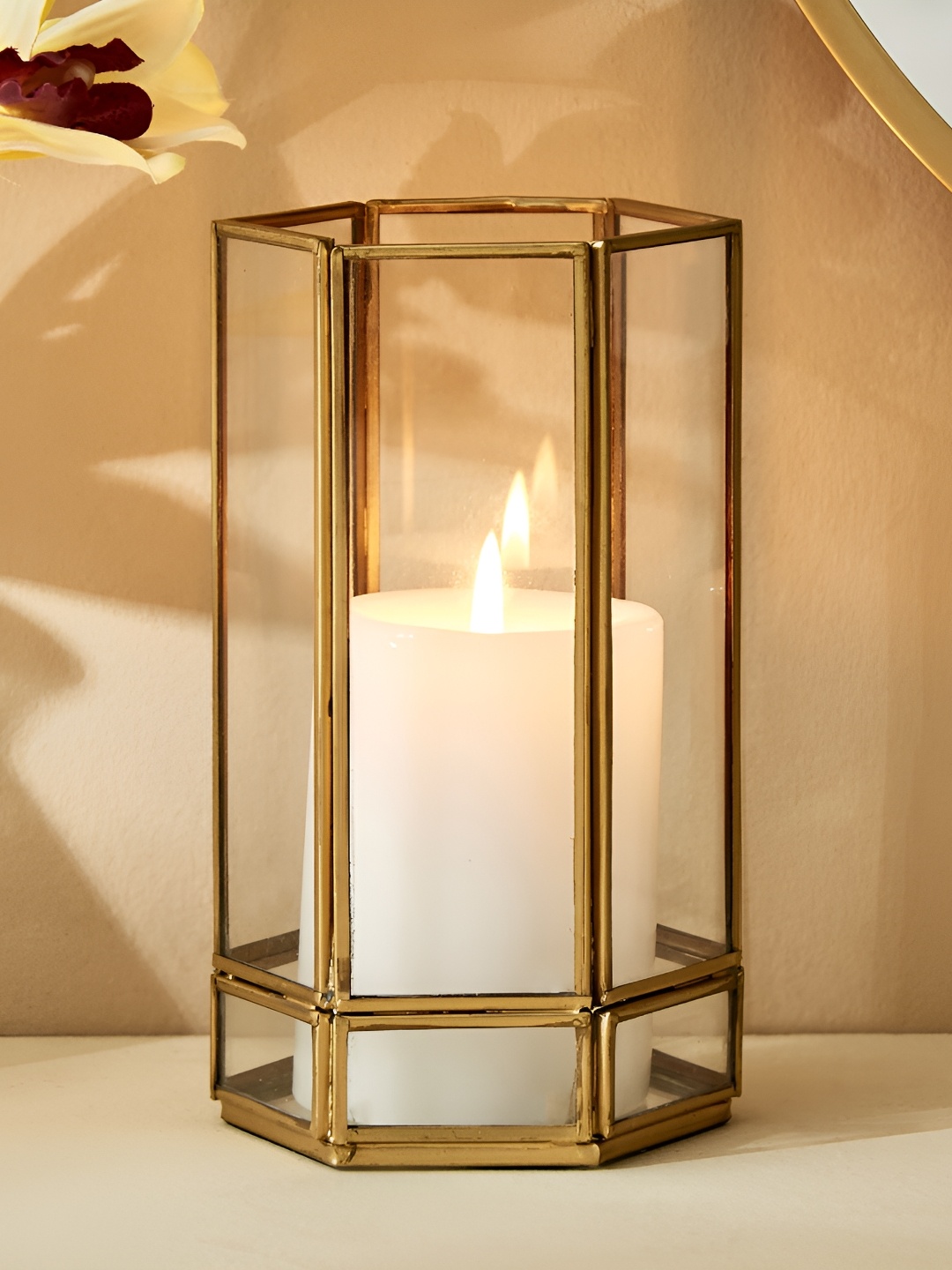 

Home Centre Splendid Gold-Toned & Transparent Metal Hurricane Candle Holder