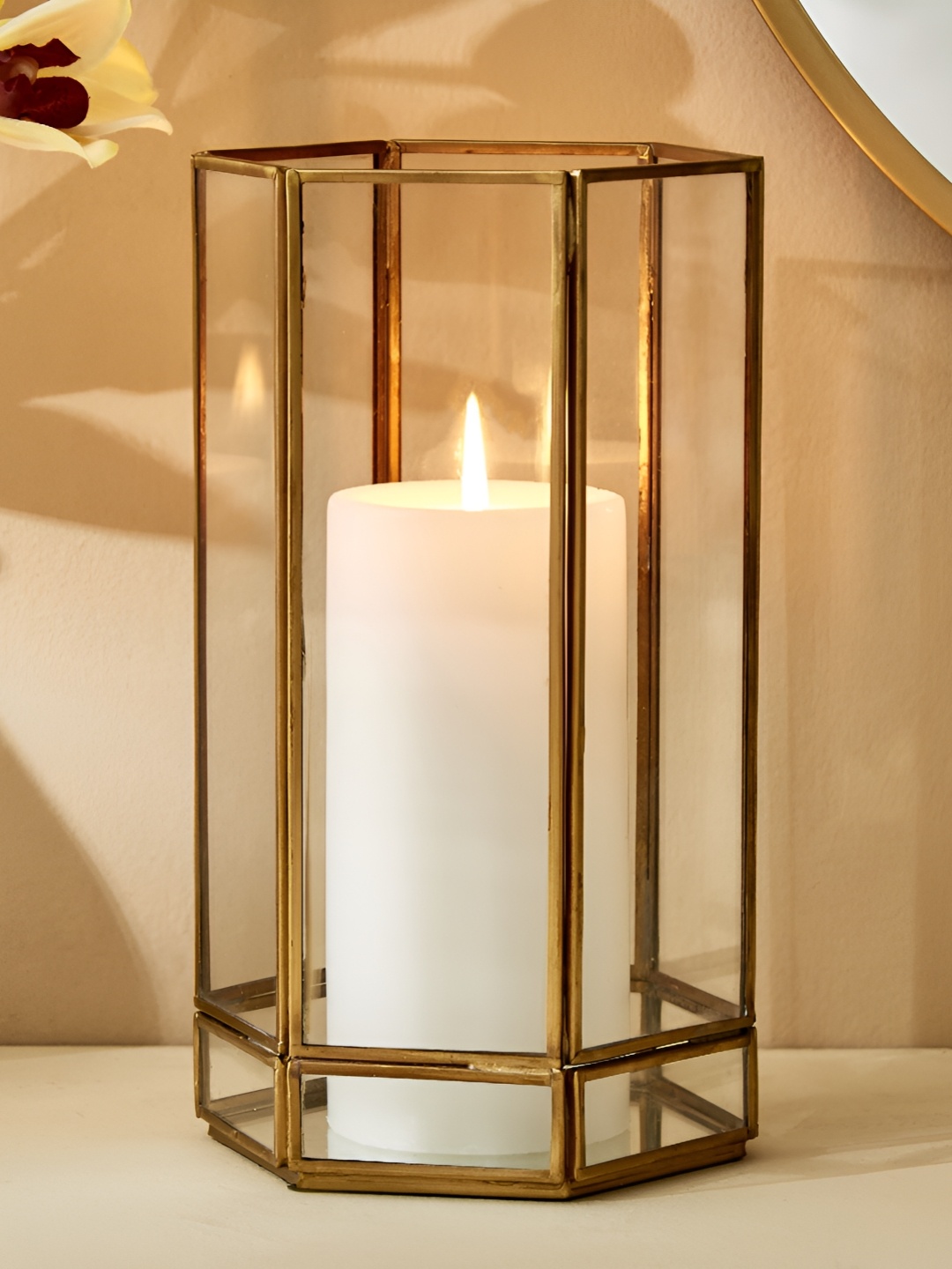 

Home Centre Splendid Gold-Toned & Transparent Metal Hurricane Candle Holder