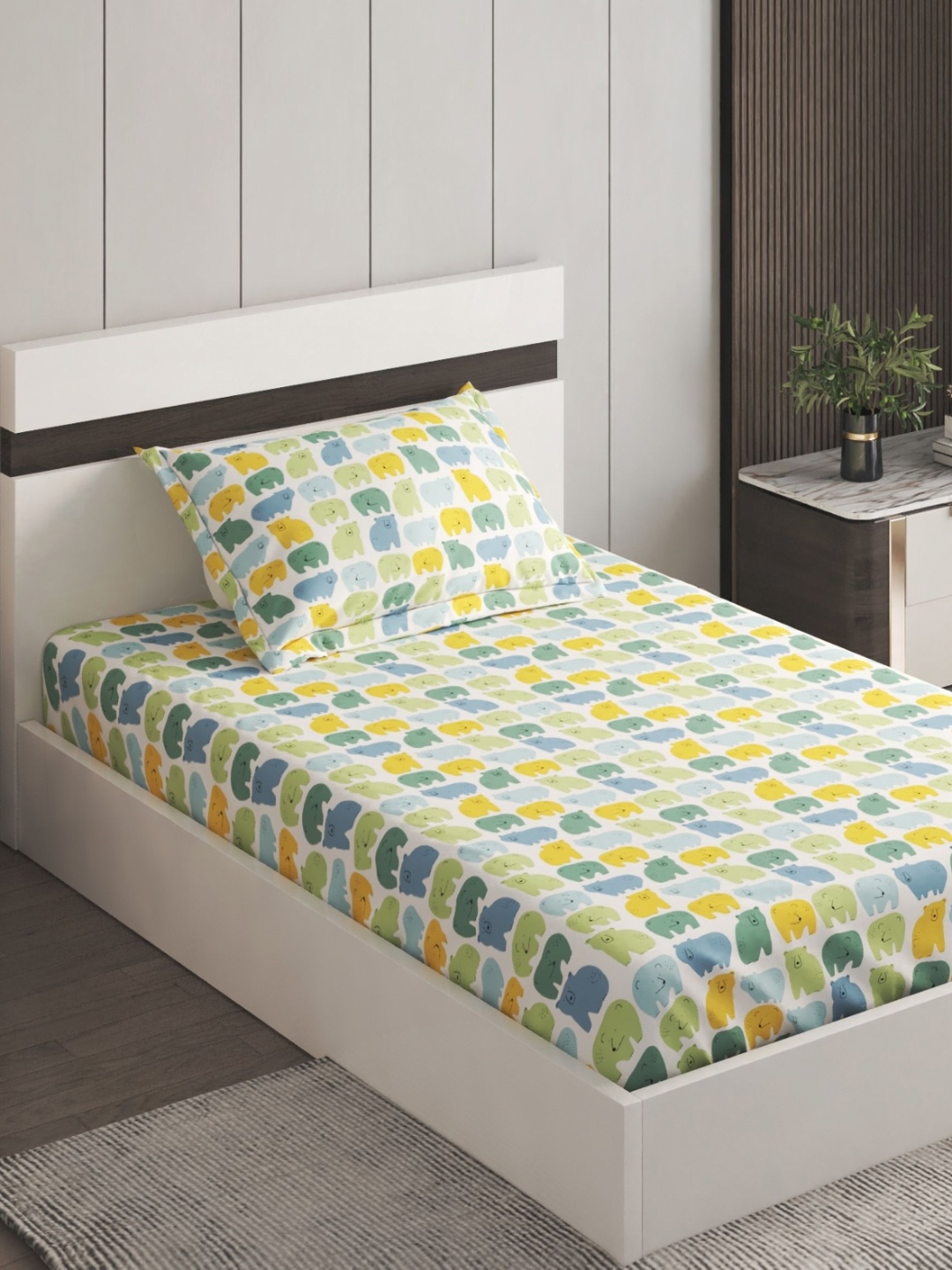 

Home Centre Slate Green Printed Cotton 150 TC Single Bedsheet With Pillow Cover