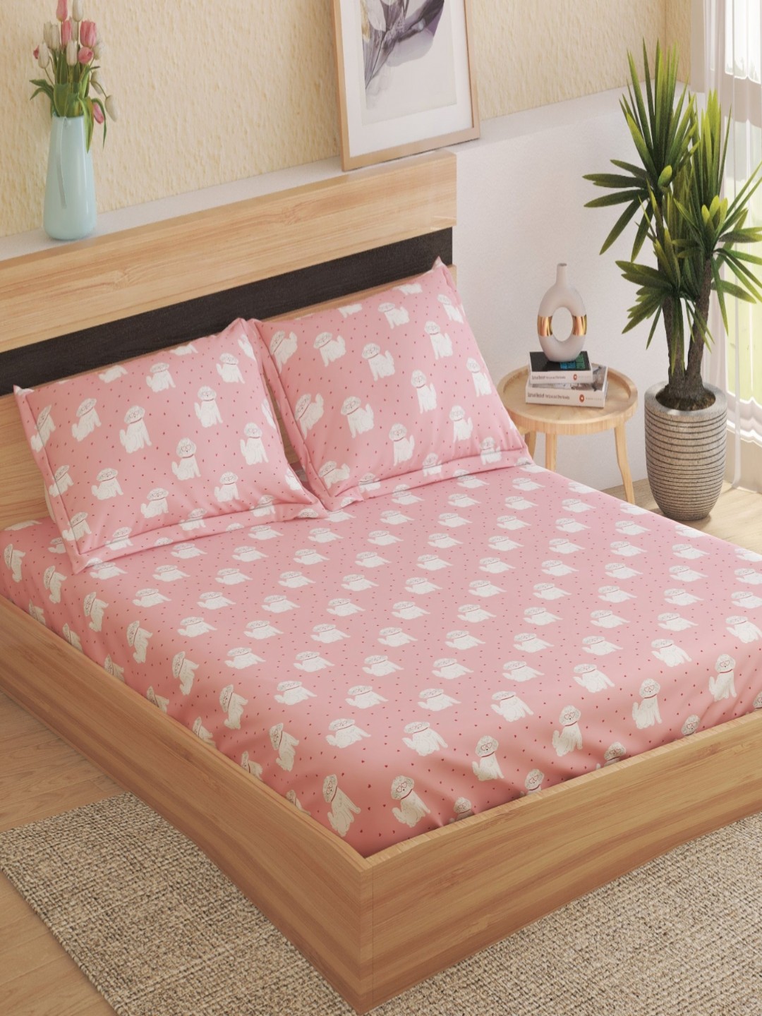 

Home Centre Pink & White Graphic 150 TC Cotton Queen Bedsheet With 2 Pillow Covers