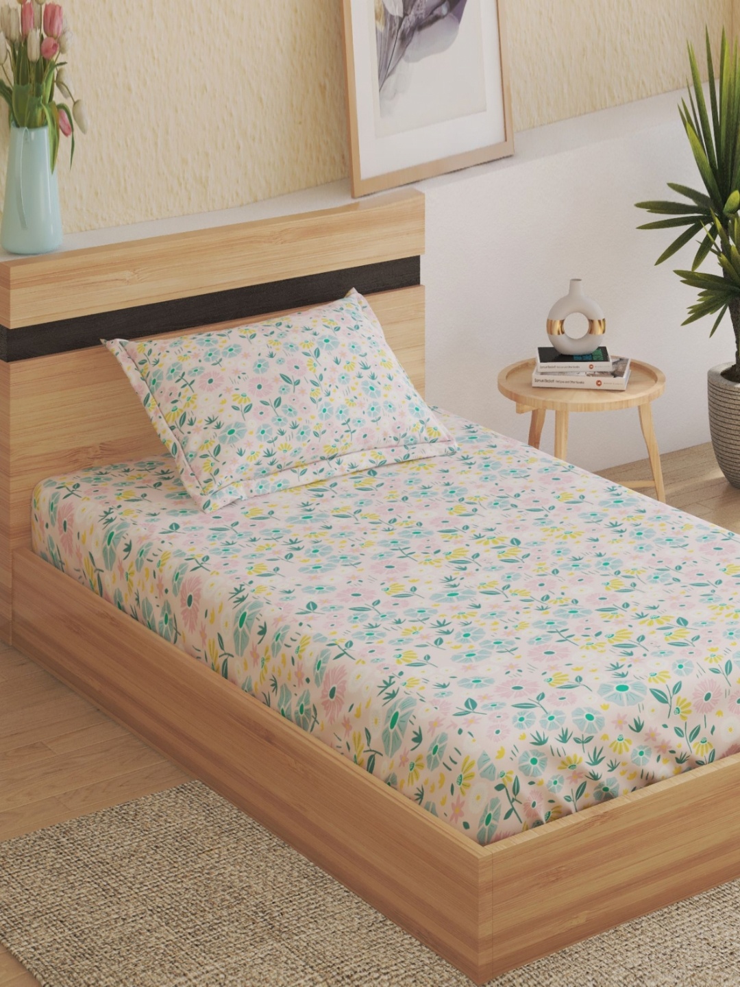 

Home Centre Slate Pink Floral Printed Cotton 150 TC Single Bedsheet With Pillow Covers