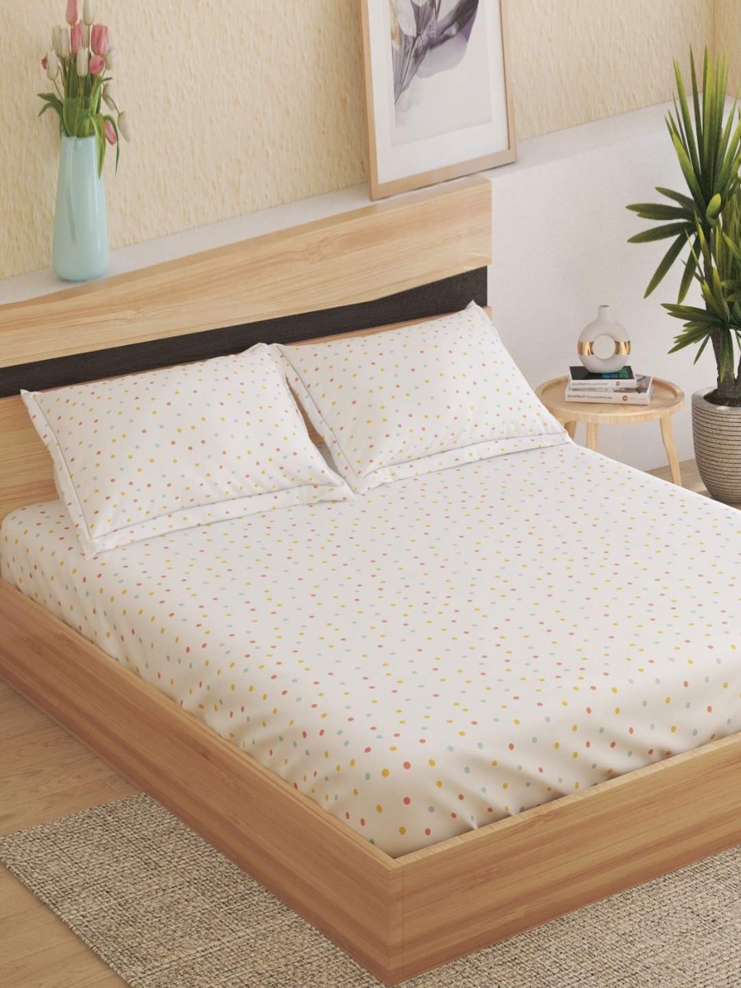 

Home Centre White & Blue Geometric 150 TC Cotton Queen Bedsheet With 2 Pillow Covers