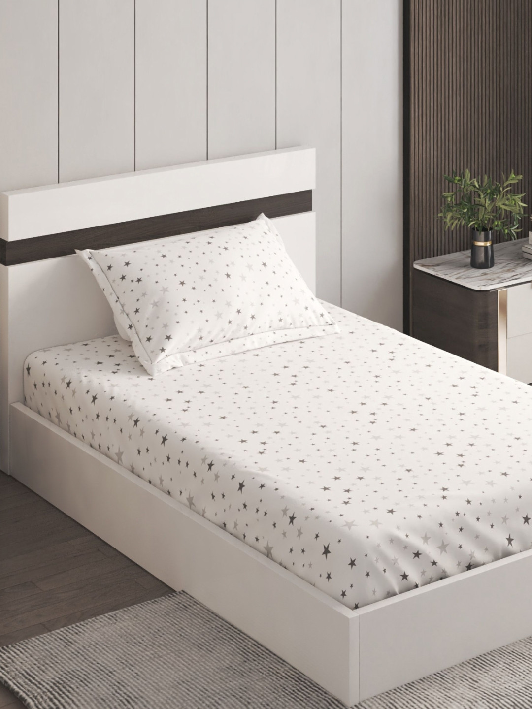 

Home Centre White & Grey Printed Cotton 150 TC Single Bedsheet With Pillow Cover