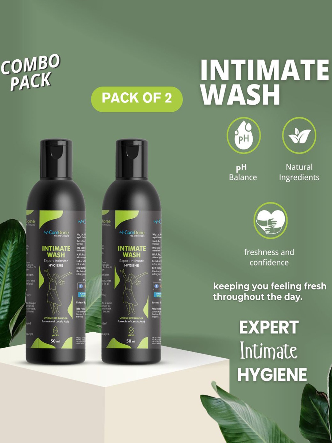 

CareDone Set Of 2 Natural Intimate Wash with Tea Tree Oil - 50ml Each, Green